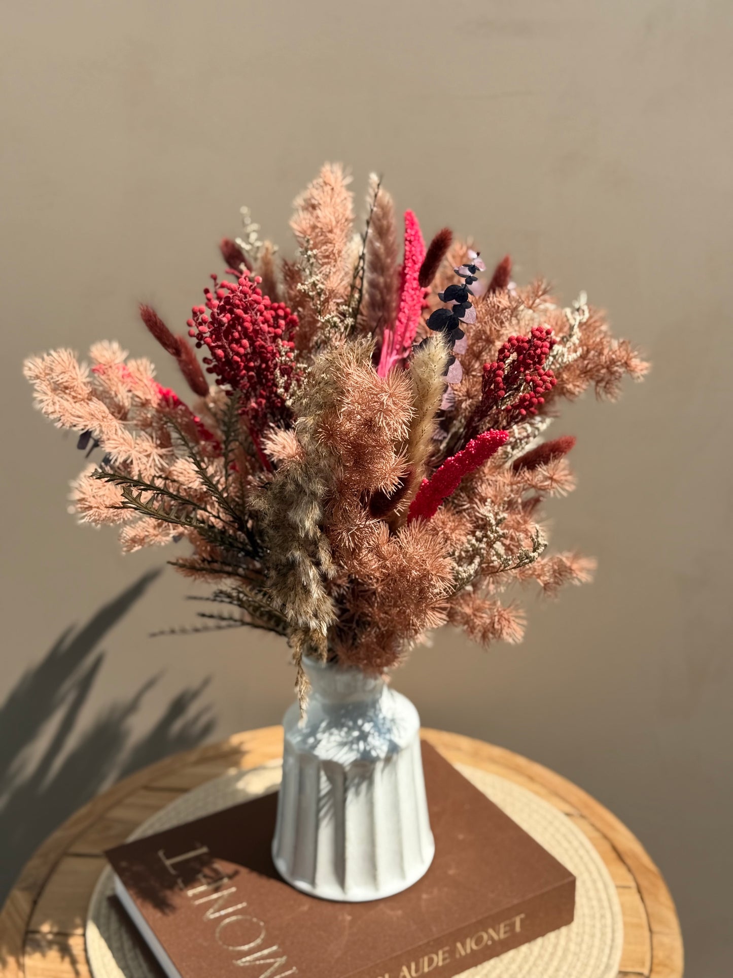 BerryFall | Round Dried Flower Bouquet Centerpiece | Rustic Pampas Arrangement | Long-Lasting Preserved Flowers | Optional Vase
