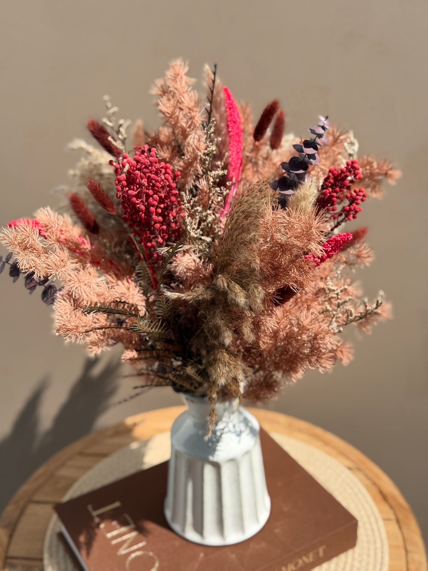 BerryFall | Round Dried Flower Bouquet Centerpiece | Rustic Pampas Arrangement | Long-Lasting Preserved Flowers | Optional Vase
