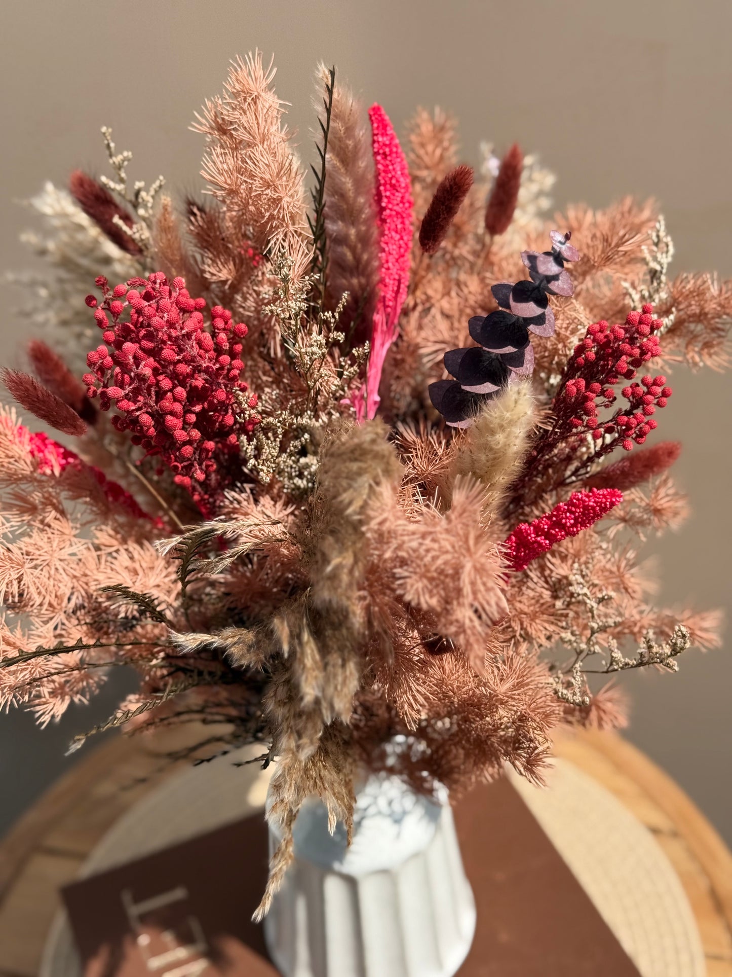 BerryFall | Round Dried Flower Bouquet Centerpiece | Rustic Pampas Arrangement | Long-Lasting Preserved Flowers | Optional Vase