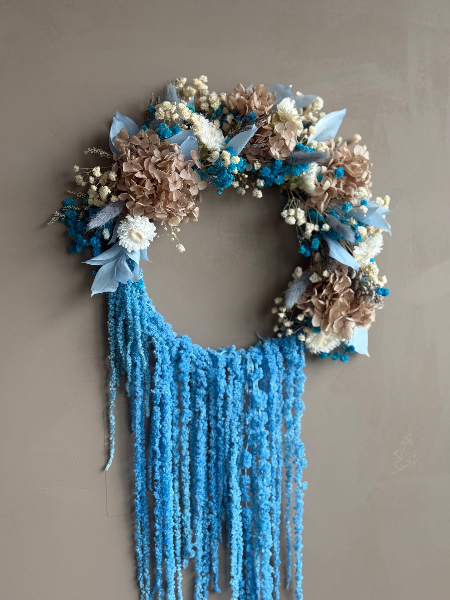 Cascade – Dried Flower Wreath with Flowing Blue Amaranthus (12”)