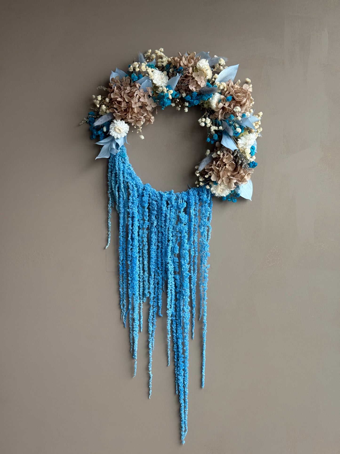 Cascade – Dried Flower Wreath with Flowing Blue Amaranthus (12”)