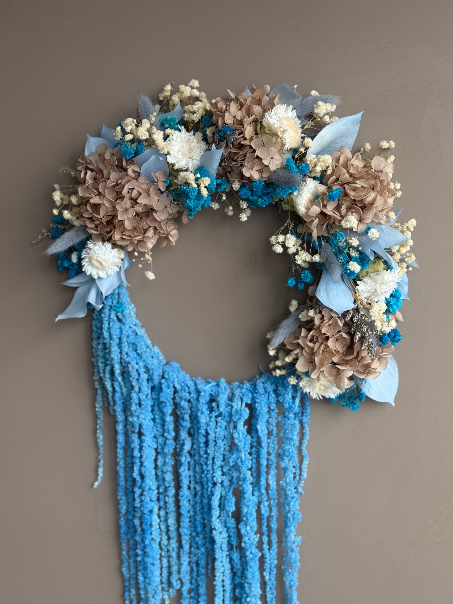 Cascade – Dried Flower Wreath with Flowing Blue Amaranthus (12”)