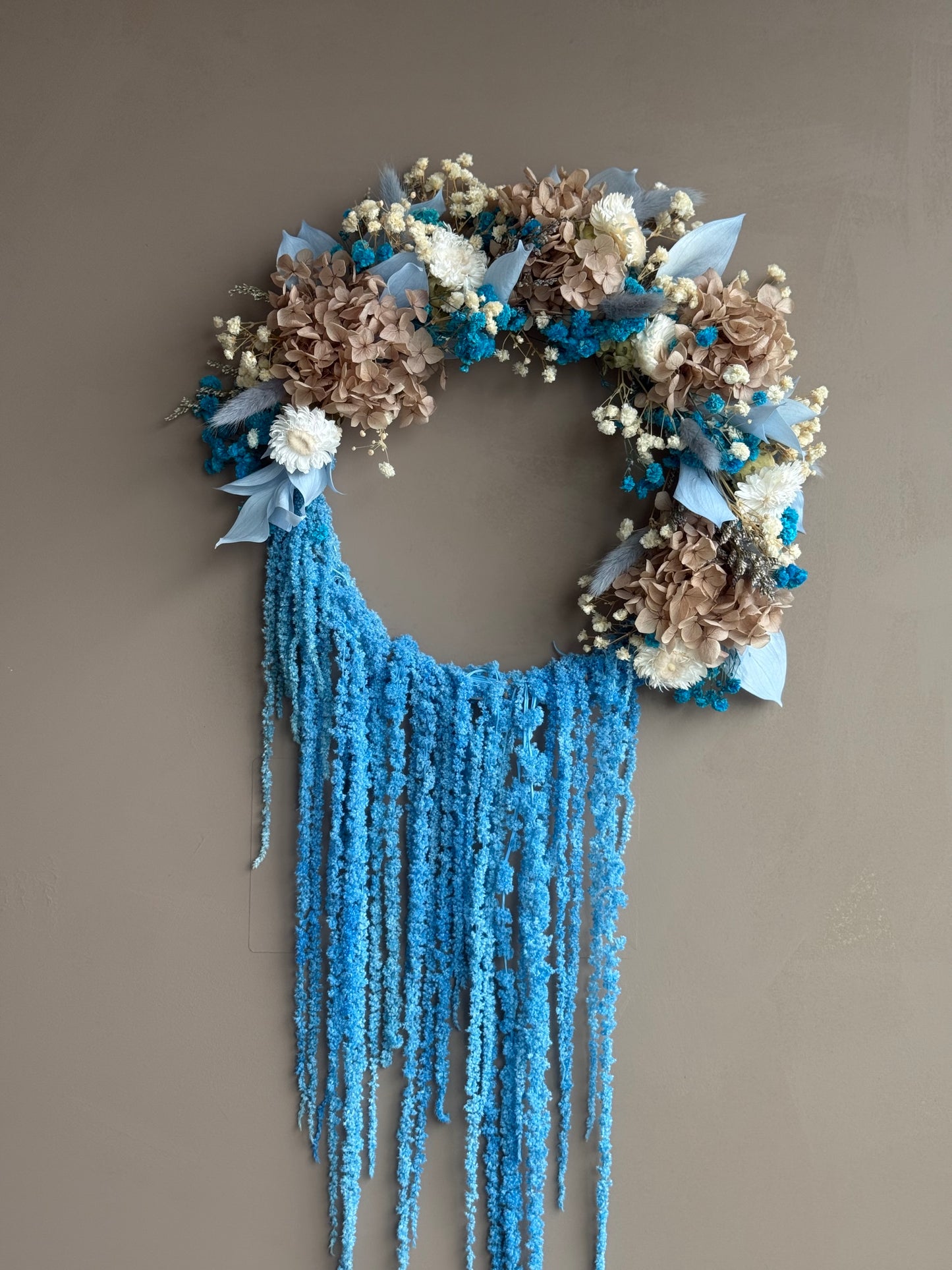 Cascade – Dried Flower Wreath with Flowing Blue Amaranthus (12”)