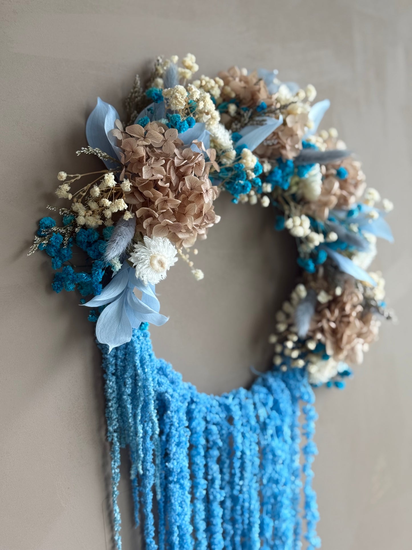 Cascade – Dried Flower Wreath with Flowing Blue Amaranthus (12”)