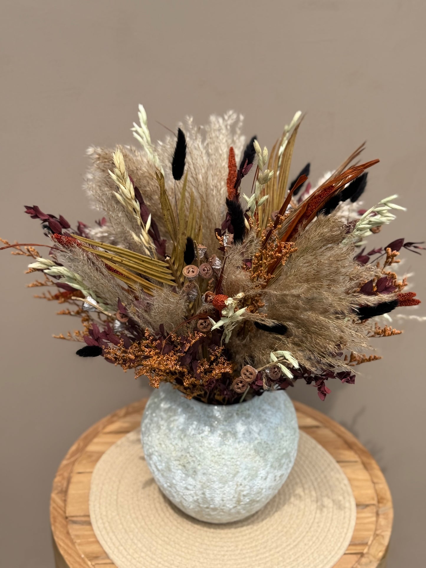 Ardenne – Round Dried Flower Arrangement with Vase | Neutral Fall Centerpiece | 360° Floral Display
