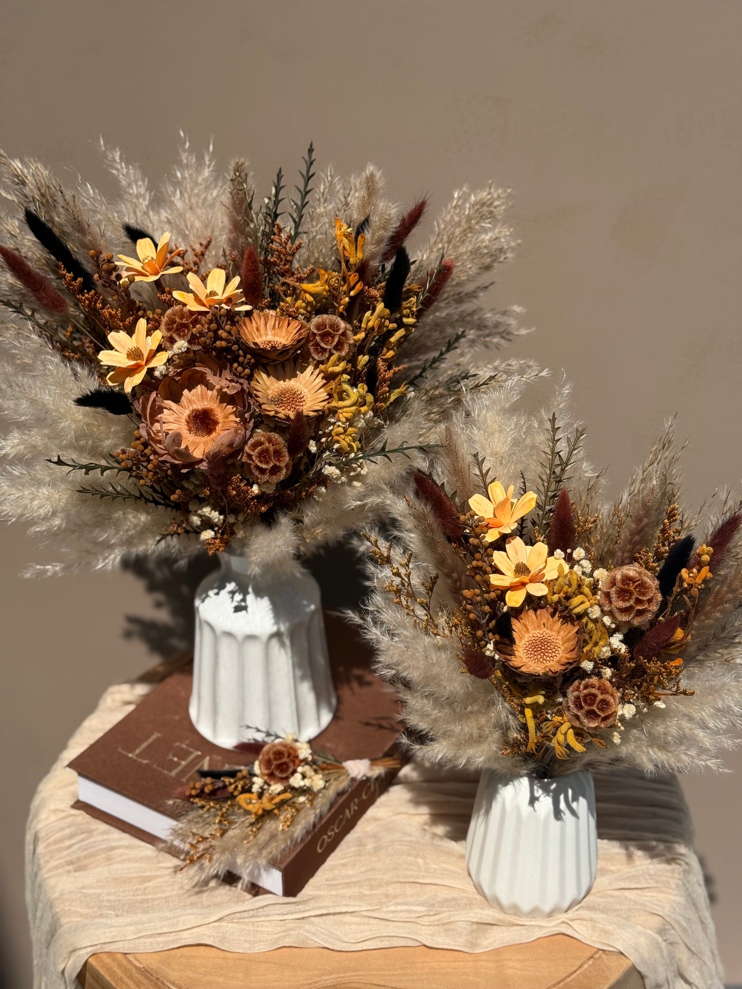 Solenne Dried Wedding Flower Collection – Bridal Bouquet, Bridesmaid Bouquet & Boutonniere – Rustic Boho Wedding Flowers