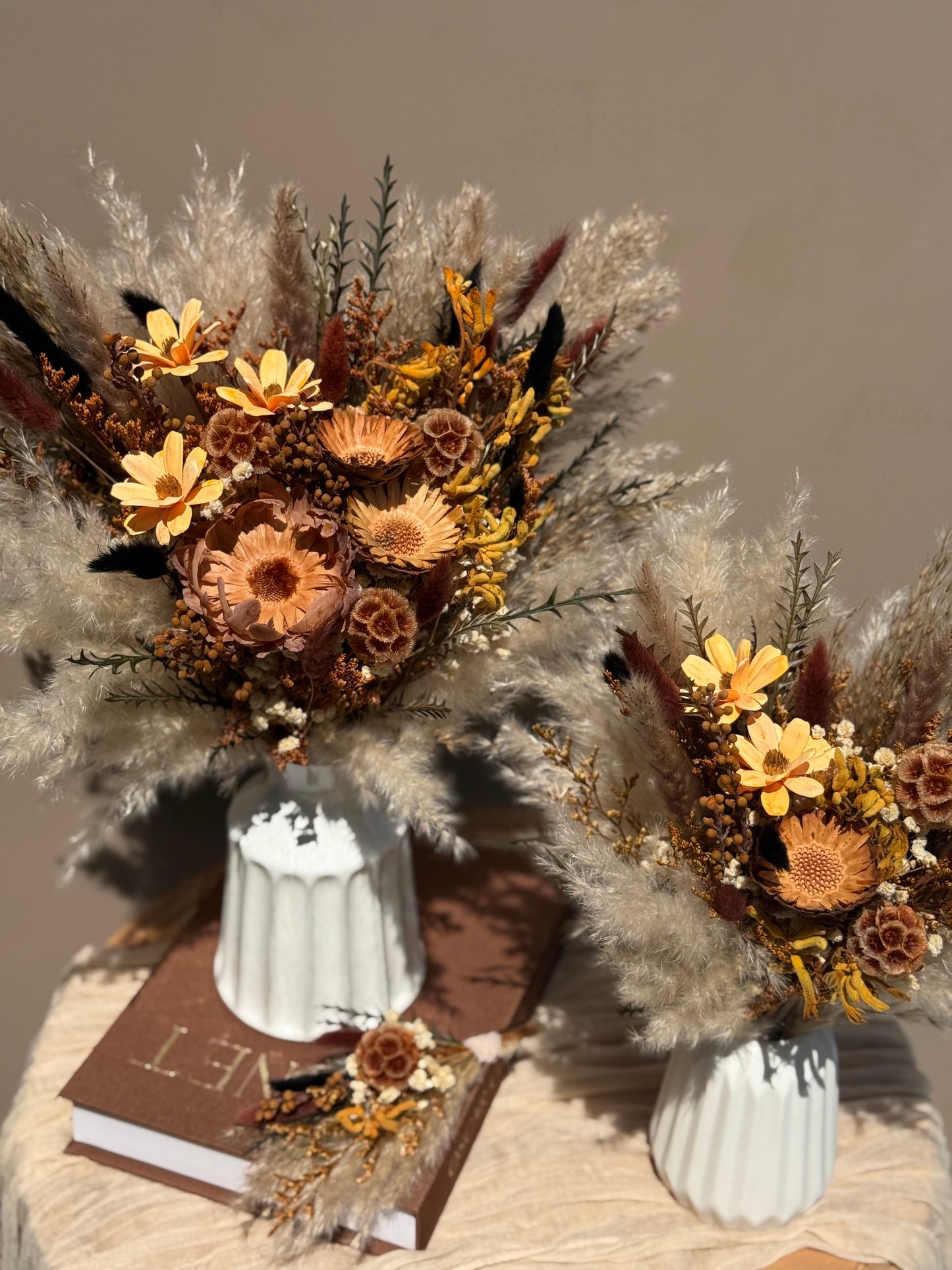 Solenne Dried Wedding Flower Collection – Bridal Bouquet, Bridesmaid Bouquet & Boutonniere – Rustic Boho Wedding Flowers