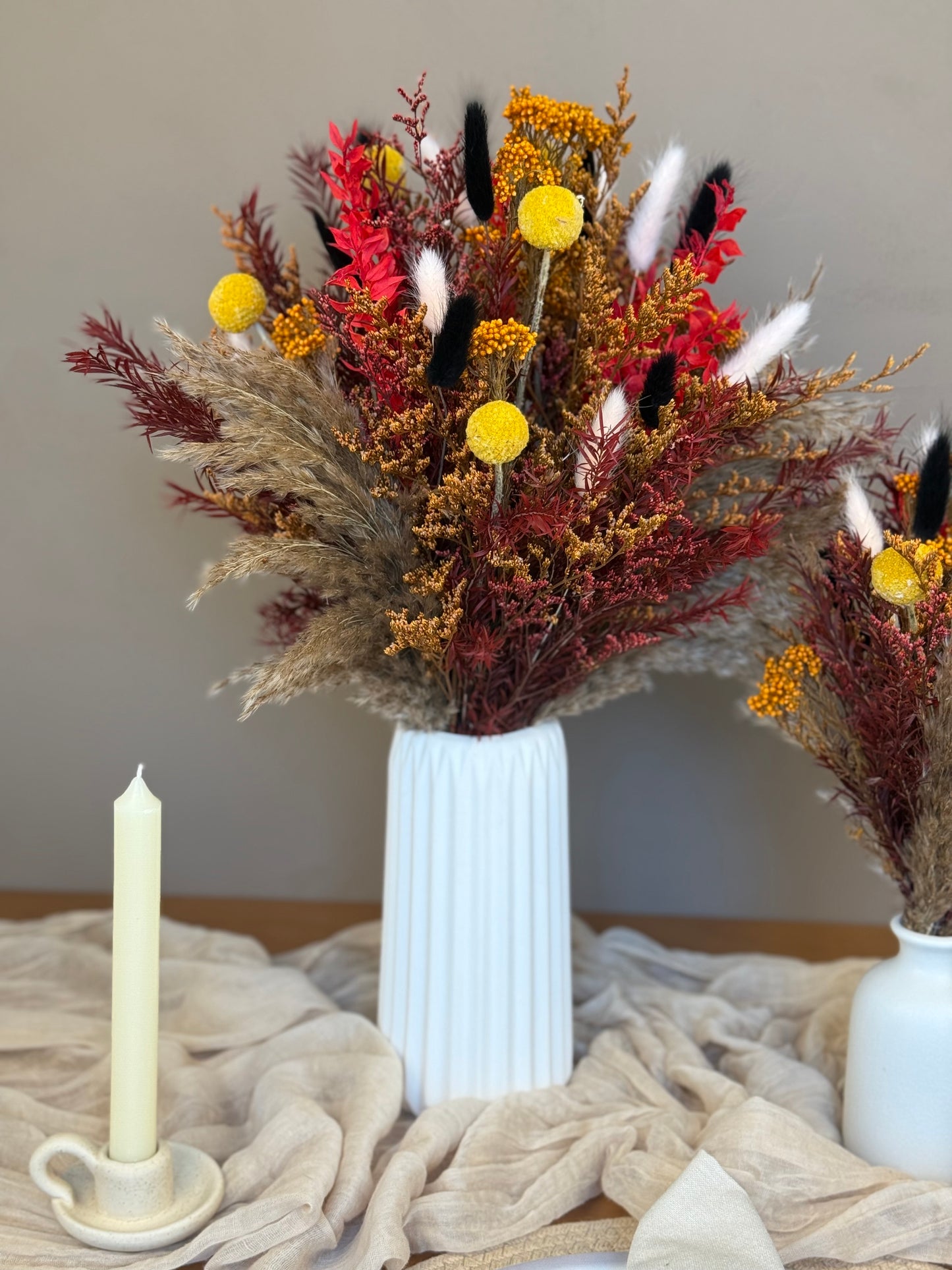 Maple Trio – Dried Flower Autumn Centerpiece (S, M, L with Vase Option)