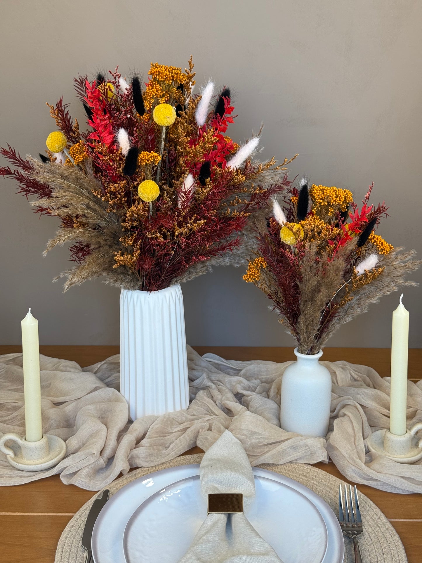 Maple Trio – Dried Flower Autumn Centerpiece (S, M, L with Vase Option)