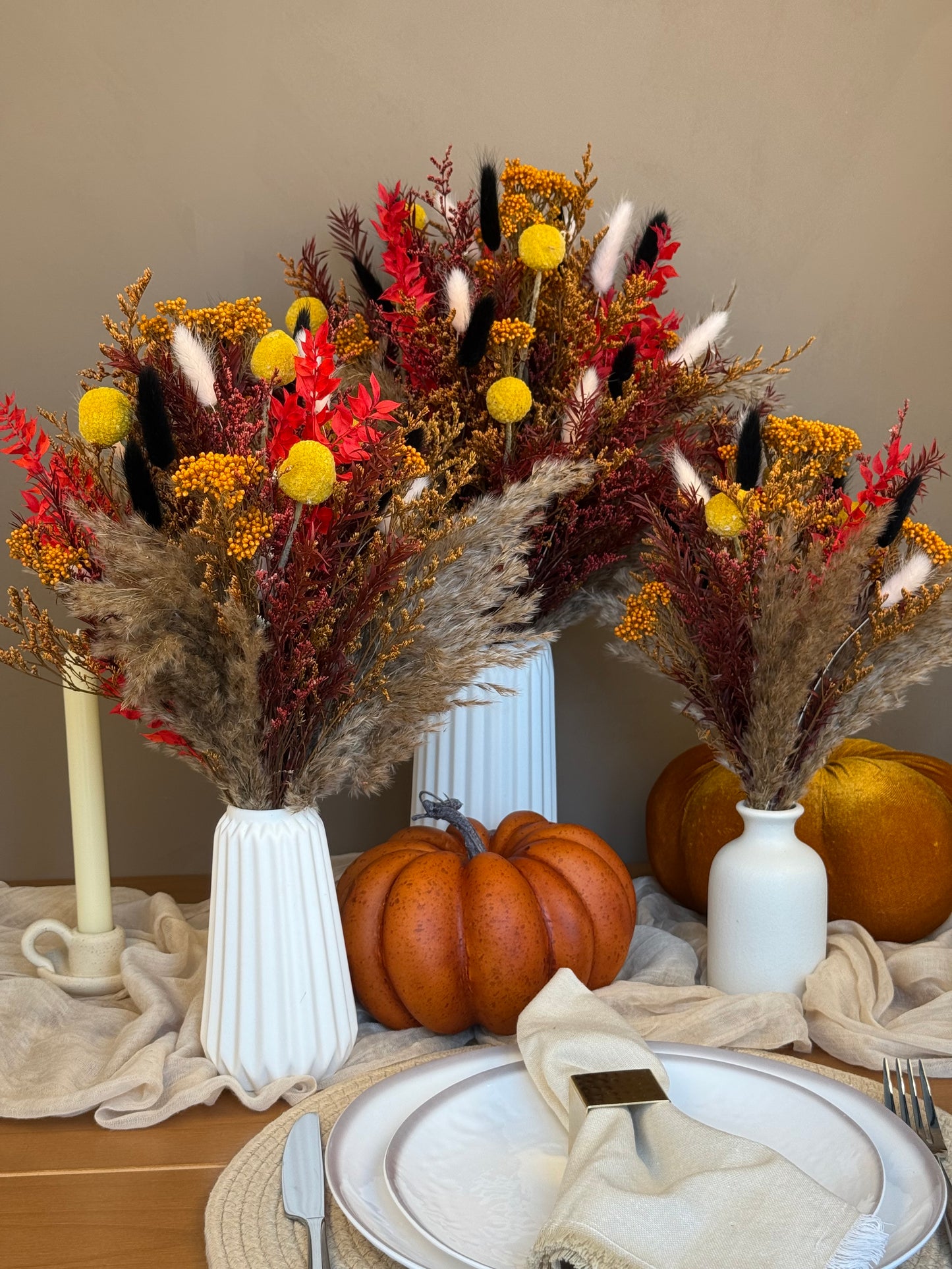 Maple Trio – Dried Flower Autumn Centerpiece (S, M, L with Vase Option)