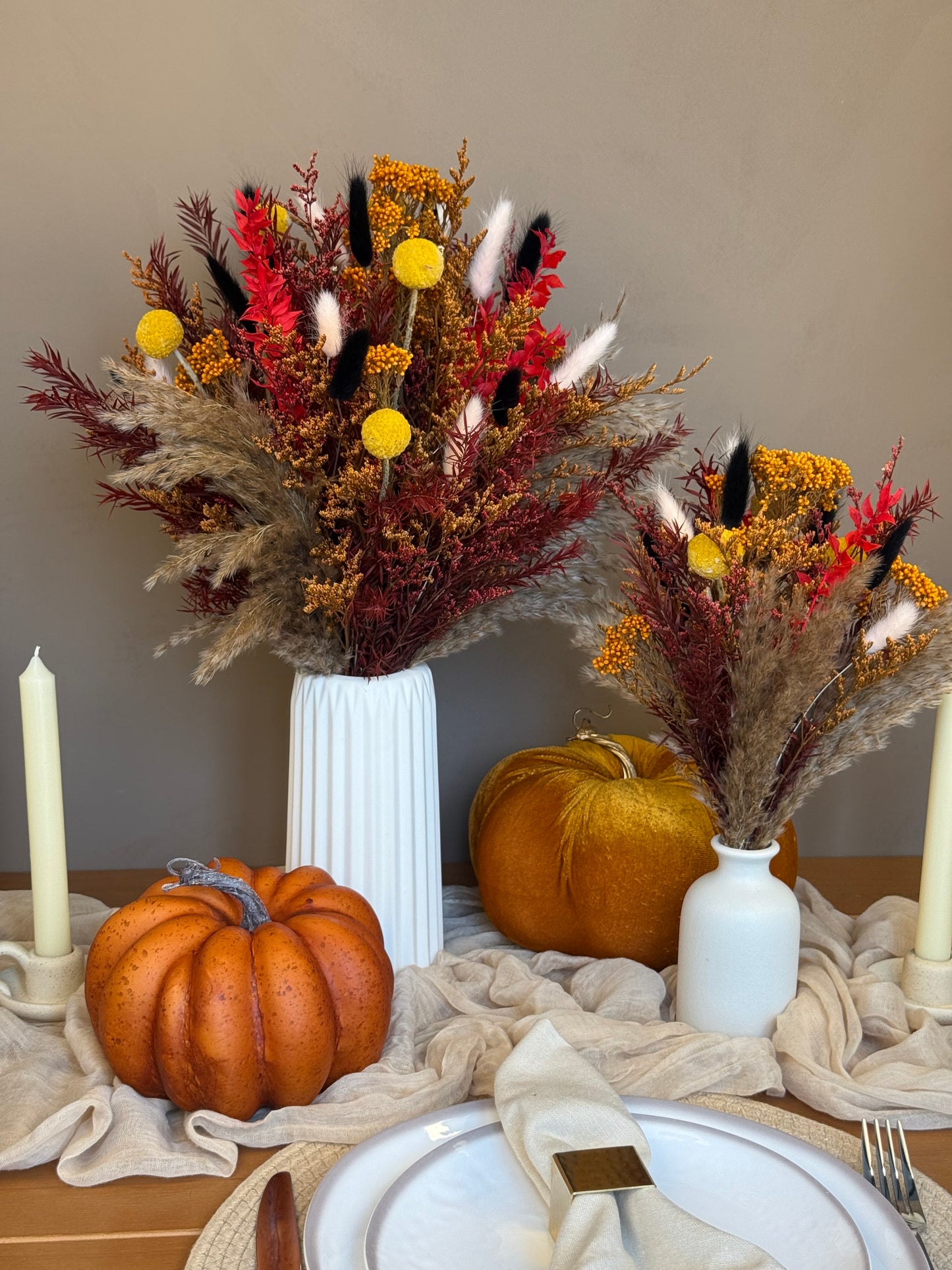 Maple Trio – Dried Flower Autumn Centerpiece (S, M, L with Vase Option)