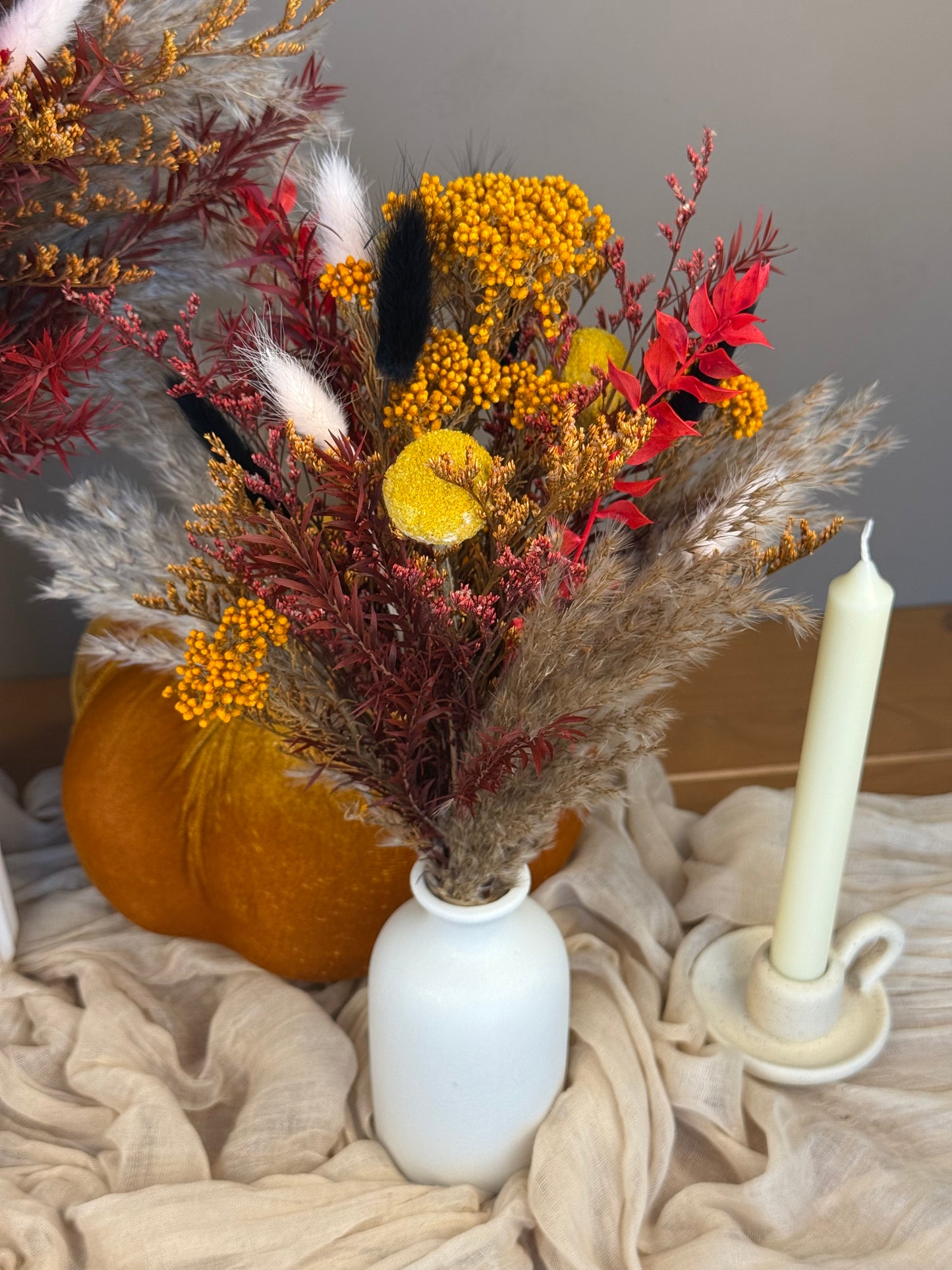 Maple Trio – Dried Flower Autumn Centerpiece (S, M, L with Vase Option)
