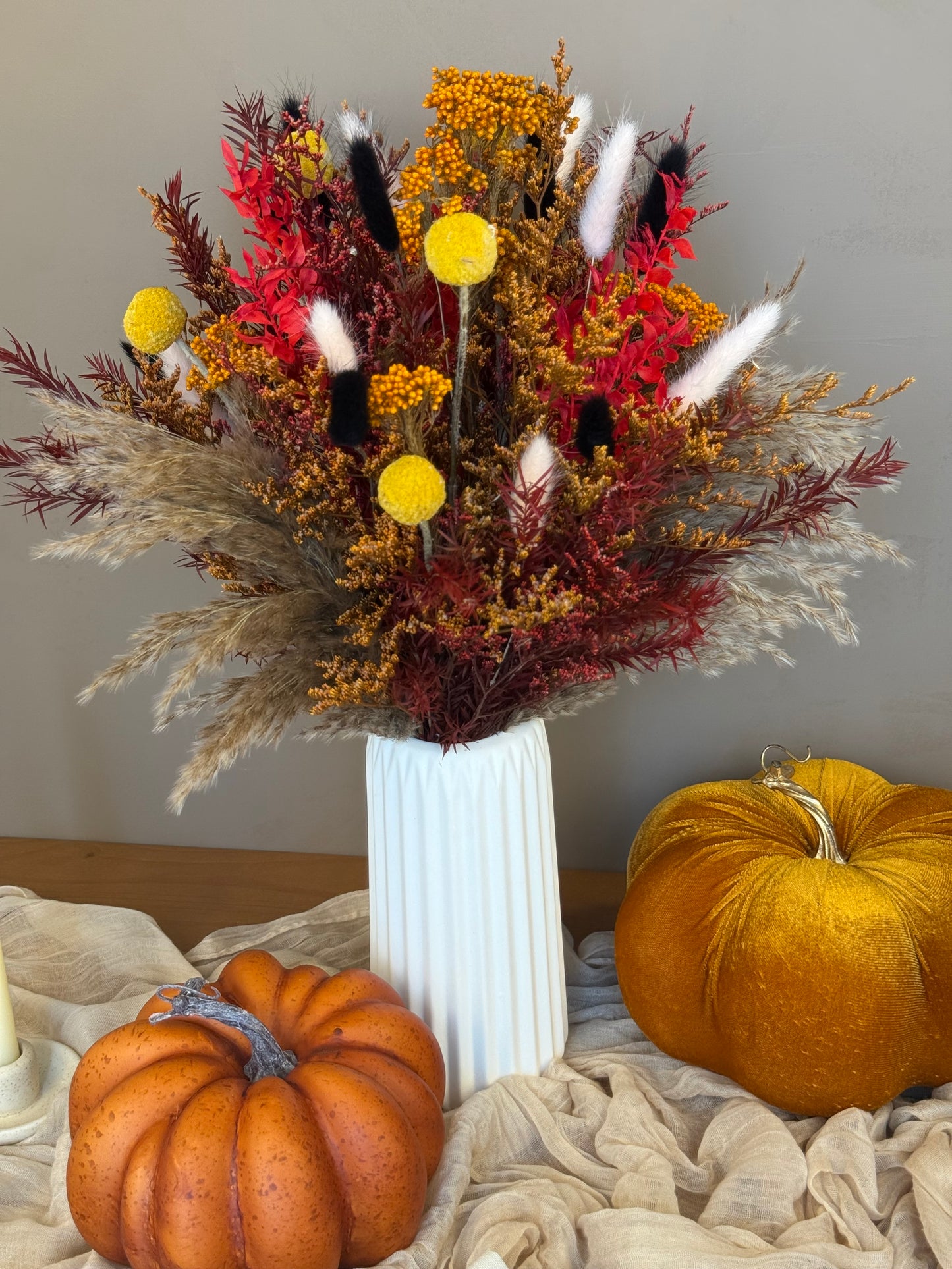 Maple Trio – Dried Flower Autumn Centerpiece (S, M, L with Vase Option)