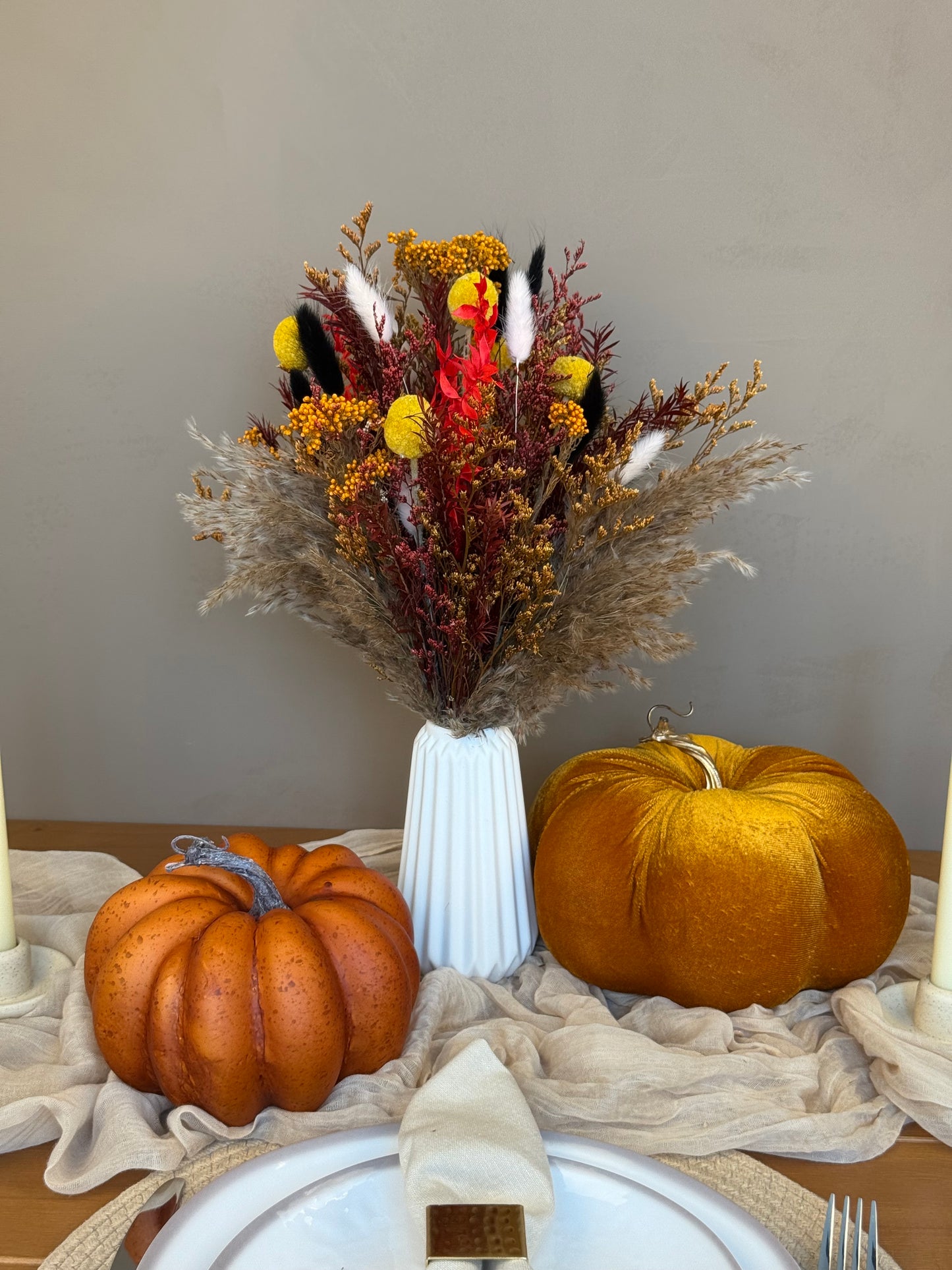 Maple Trio – Dried Flower Autumn Centerpiece (S, M, L with Vase Option)