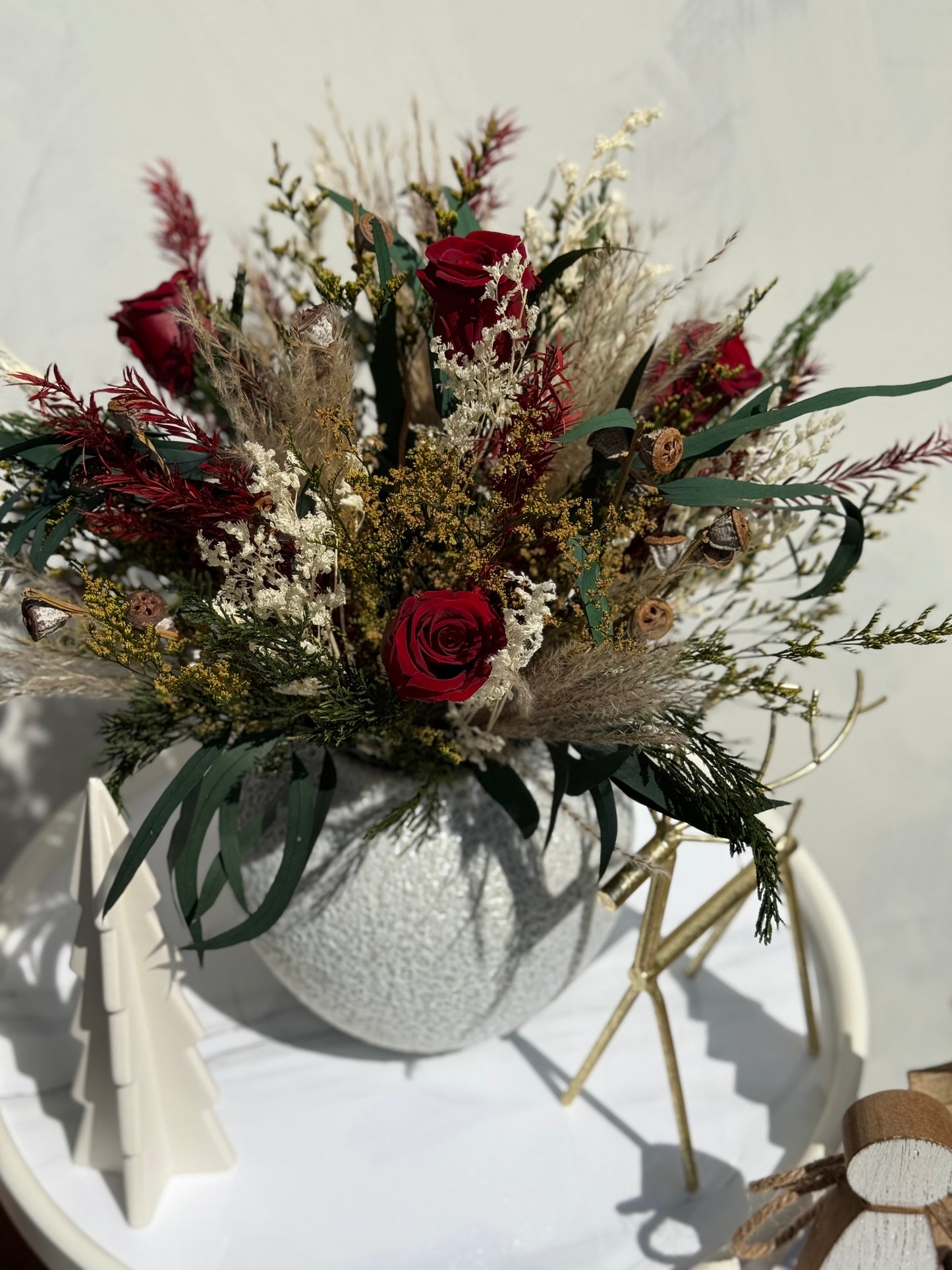 Dried Flower Christmas Centerpiece – Winter Rose Arrangement, 20”