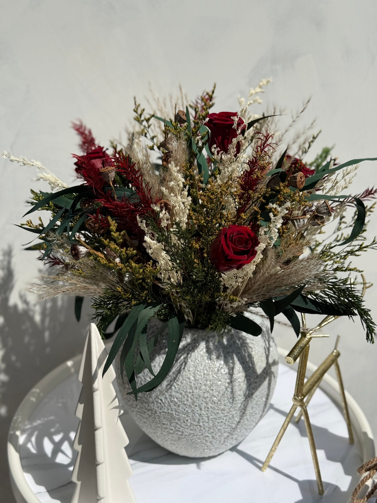 Dried Flower Christmas Centerpiece – Winter Rose Arrangement, 20”