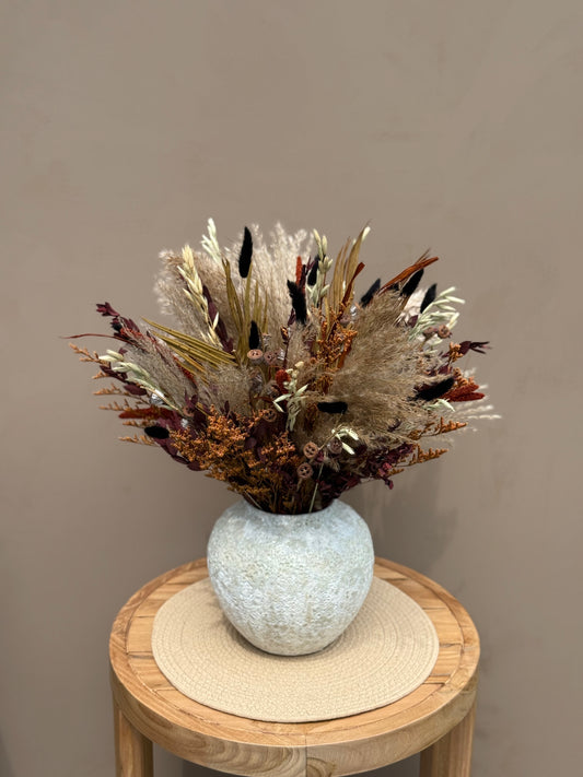 Ardenne – Round Dried Flower Arrangement with Vase | Neutral Fall Centerpiece | 360° Floral Display