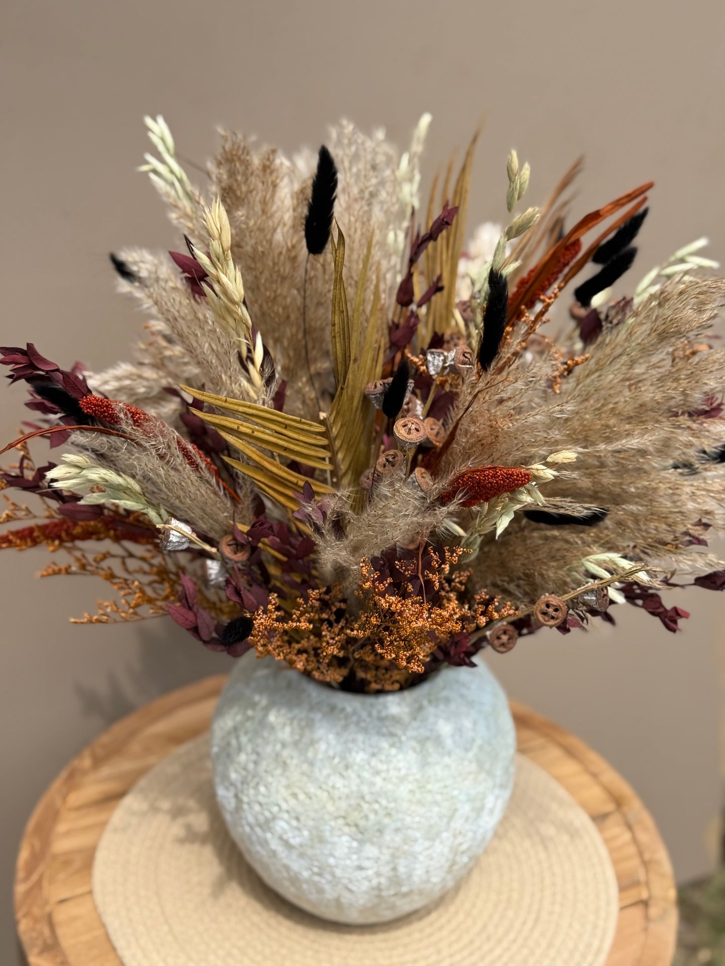 Ardenne – Round Dried Flower Arrangement with Vase | Neutral Fall Centerpiece | 360° Floral Display